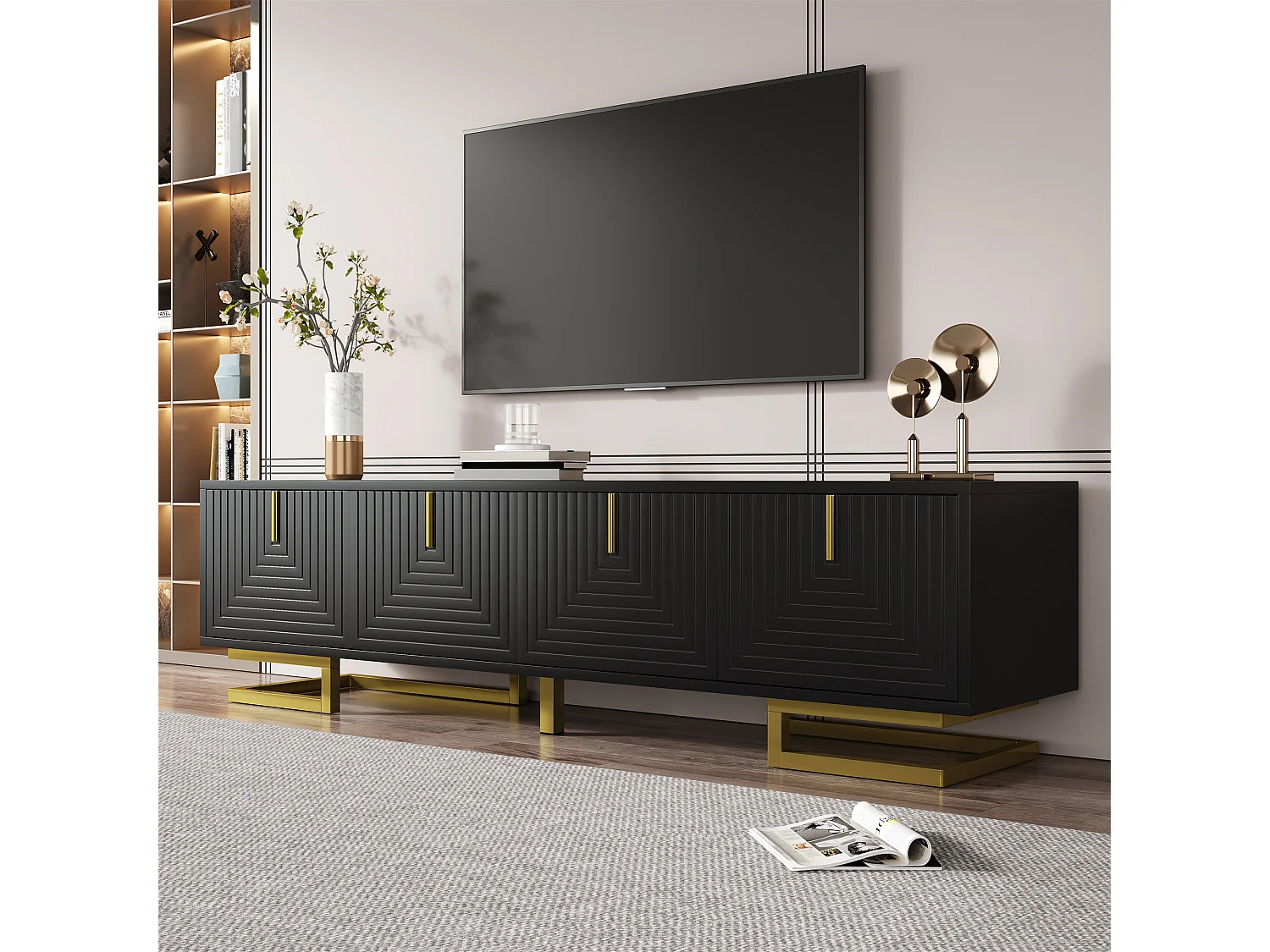 Zwarte tv-kast met 4 getextureerde deuren, gouden handgrepen en gouden poten - voor woonkamers en studeerkamers