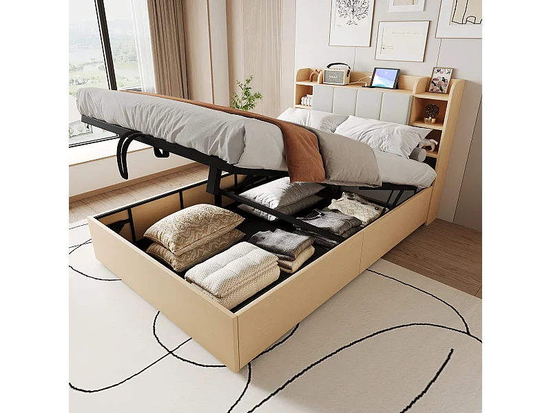 Bett mit Stauraum 140 x 200 cm, Kopfteil mit Stauraum und USB-Anschluss, Naturholz – ohne Matratze