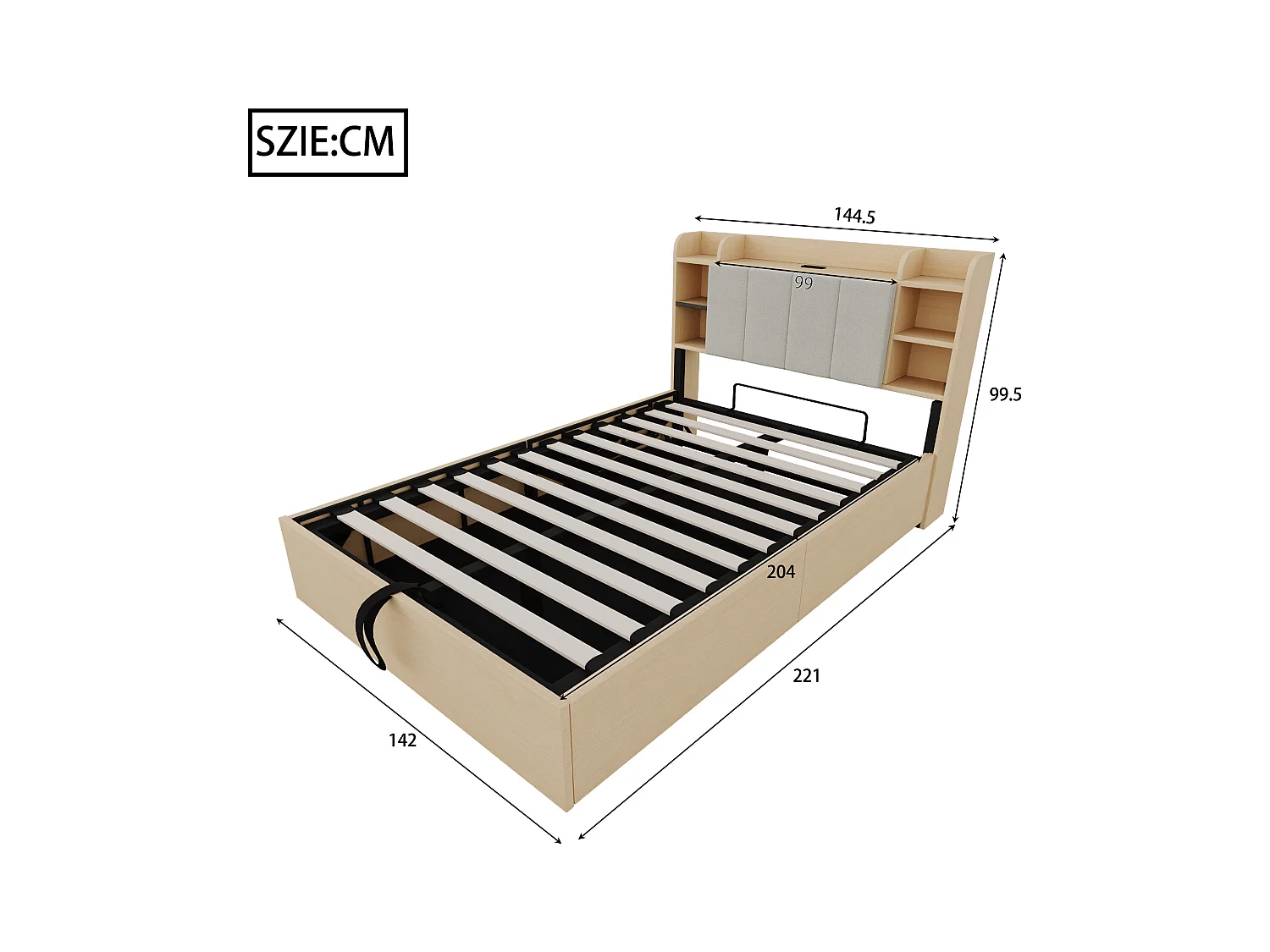 Lit coffre 140 x 200 cm, tête de lit avec rangement et port USB, bois naturel - sans matelas