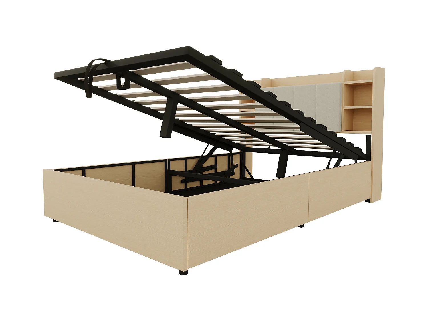 Lit coffre 140 x 200 cm, tête de lit avec rangement et port USB, bois naturel - sans matelas