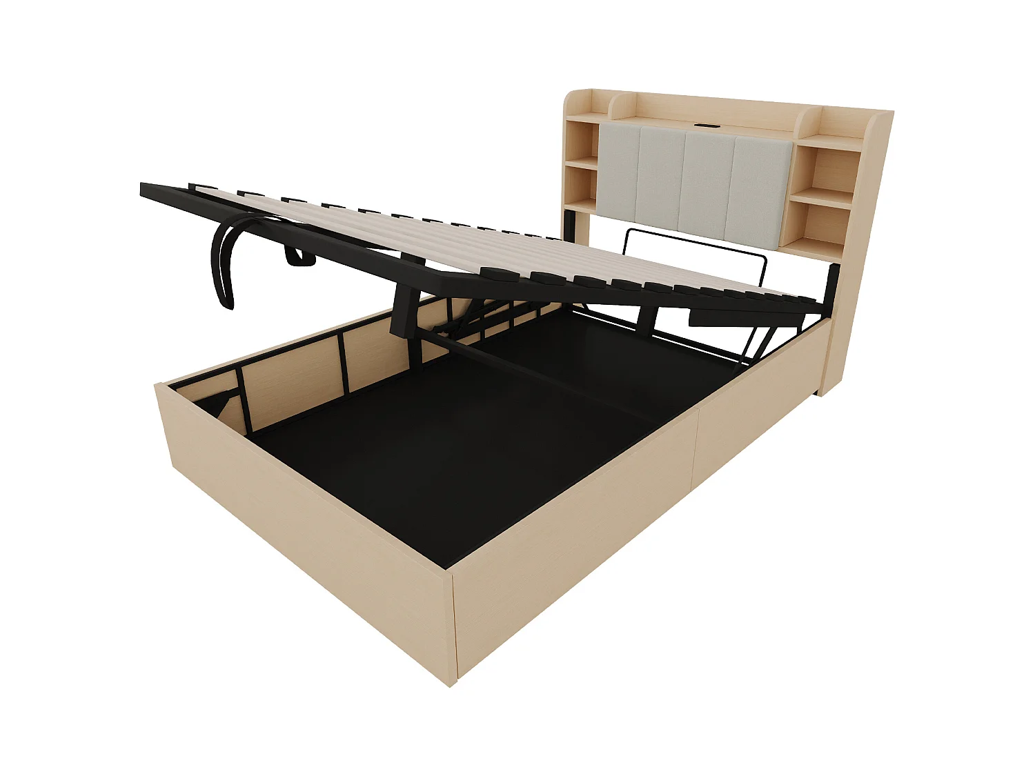 Lit coffre 140 x 200 cm, tête de lit avec rangement et port USB, bois naturel - sans matelas