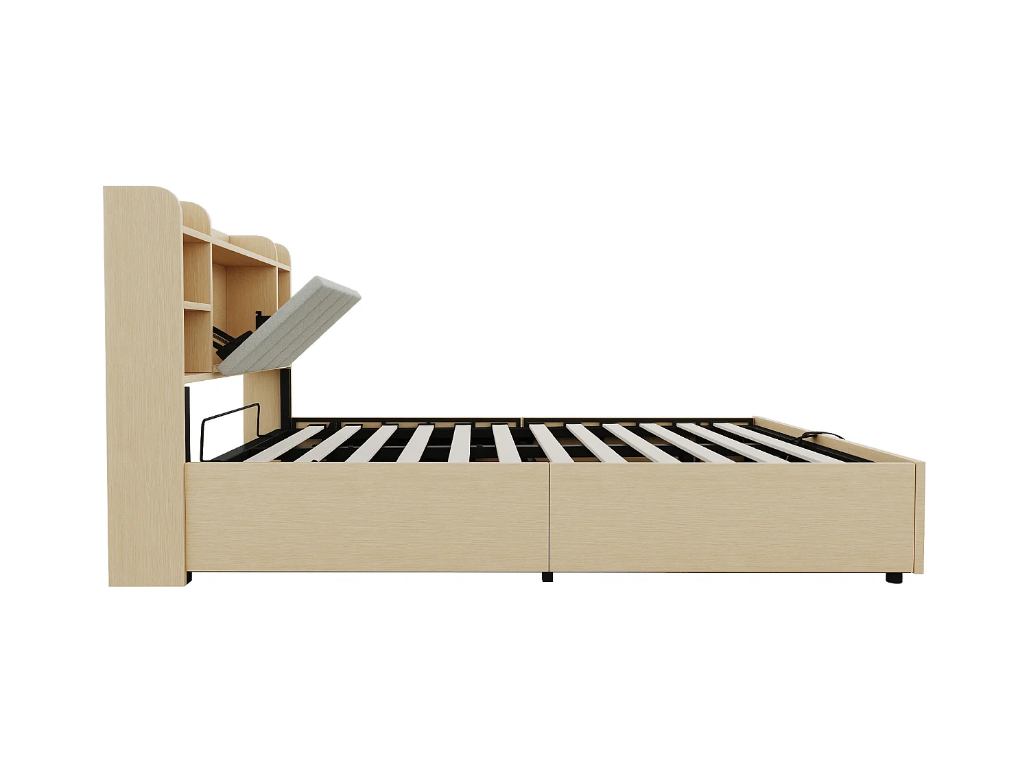 Lit coffre 140 x 200 cm, tête de lit avec rangement et port USB, bois naturel - sans matelas