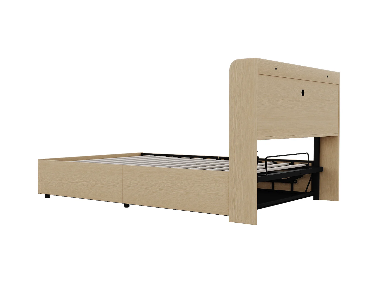 Lit coffre 140 x 200 cm, tête de lit avec rangement et port USB, bois naturel - sans matelas
