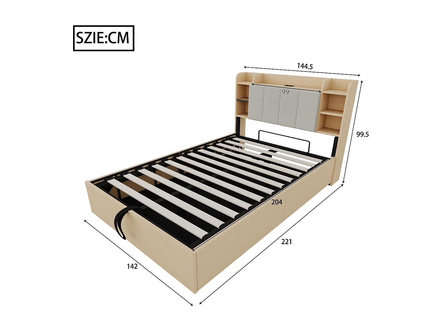 Bed met opbergruimte 140x200 cm, hoofdbord met opbergruimte en USB-aansluiting, natuurlijk hout - zonder matras
