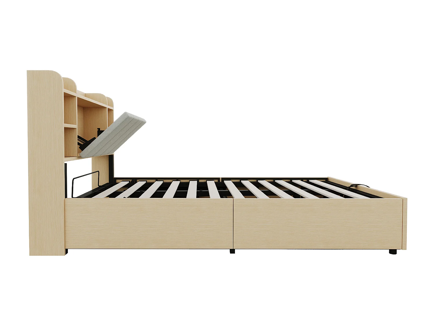Bed met opbergruimte 140x200 cm, hoofdbord met opbergruimte en USB-aansluiting, natuurlijk hout - zonder matras