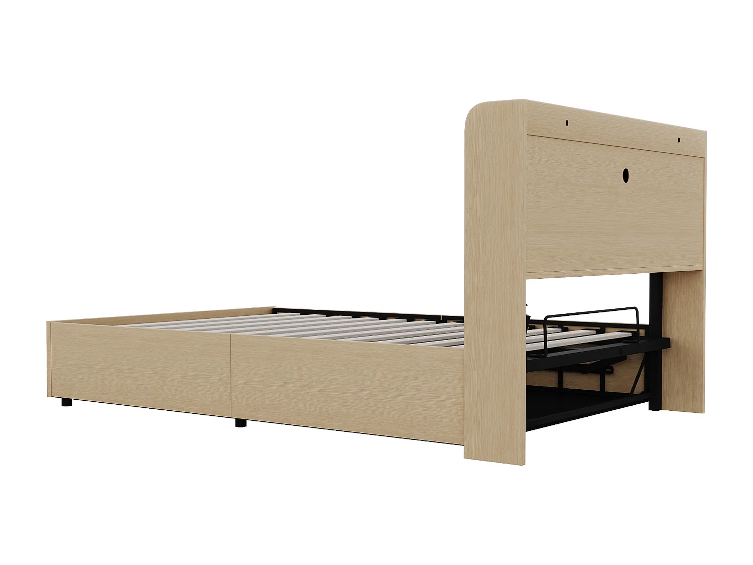 Bed met opbergruimte 140x200 cm, hoofdbord met opbergruimte en USB-aansluiting, natuurlijk hout - zonder matras