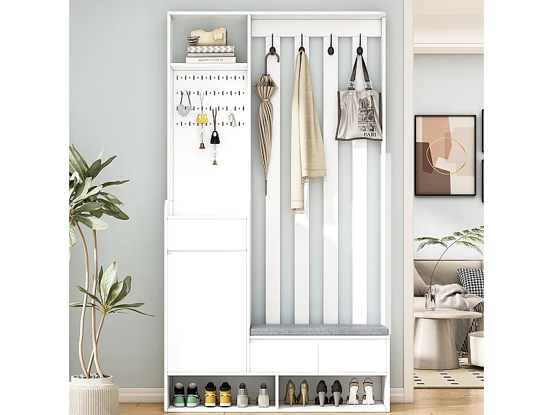 Biały wieszak do przedpokoju z tapicerowaną ławką, 4 haczykami i schowkiem