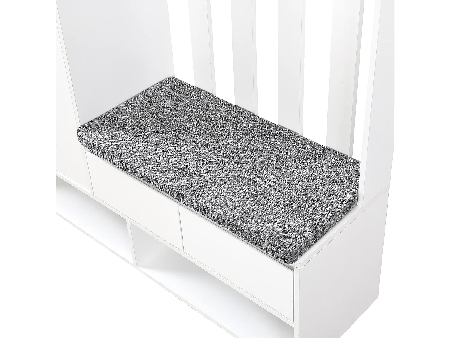 Weißer Garderobenständer für den Eingangsbereich mit gepolsterter Bank, 4 Haken und Stauraum