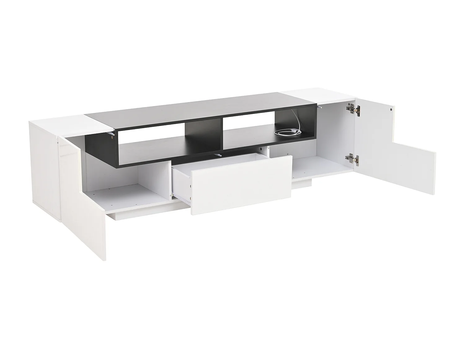 Biała szafka RTV z 2 drzwiami i 1 szufladą, oświetlenie LED - odpowiednia do salonu i gabinetu