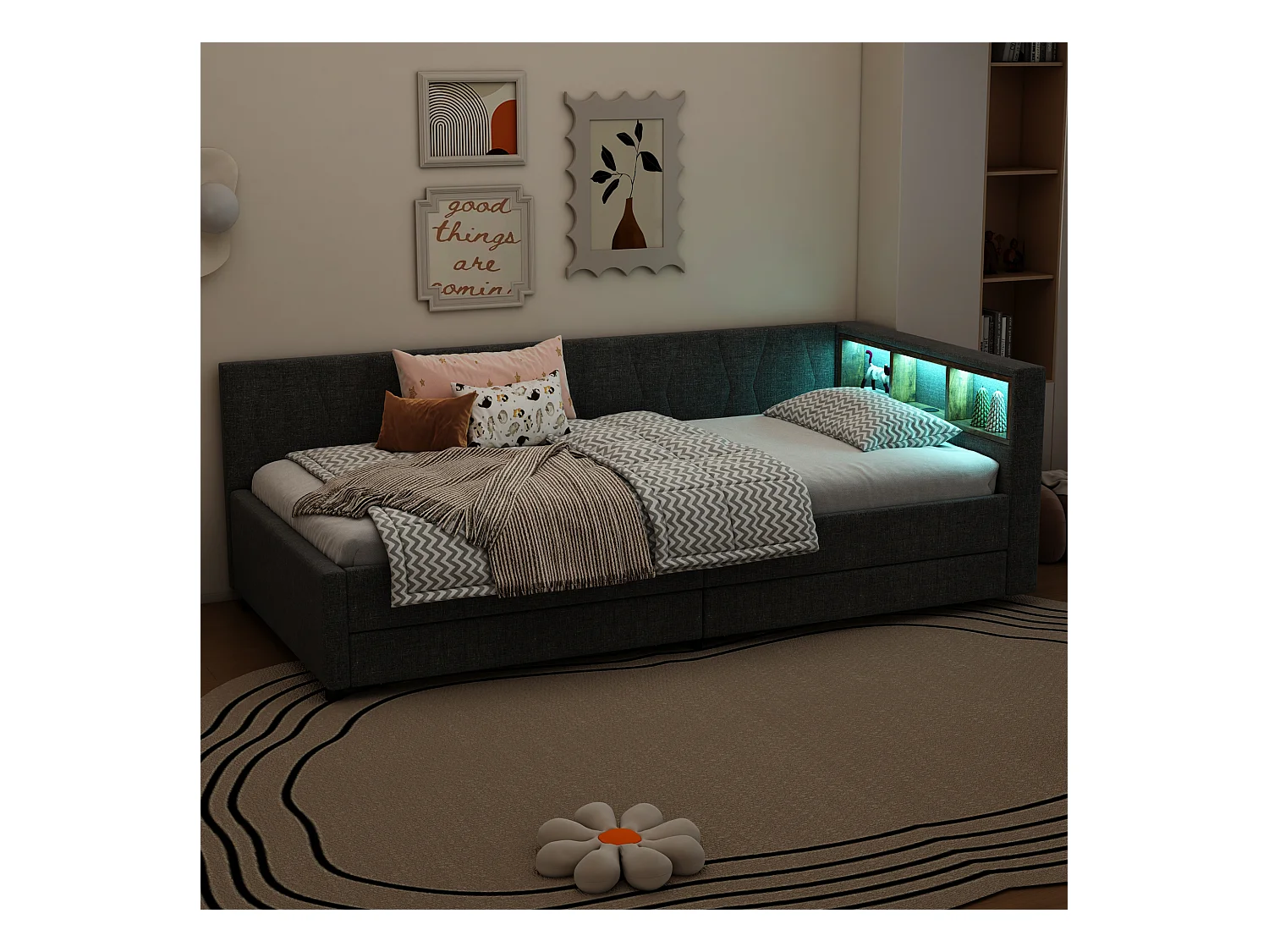 90 x 200 cm Schlafsofa, graues Leinen, Einzelbett, LED-Beleuchtung, 2 Schubladen, USB-Anschluss – Matratze nicht enthalten