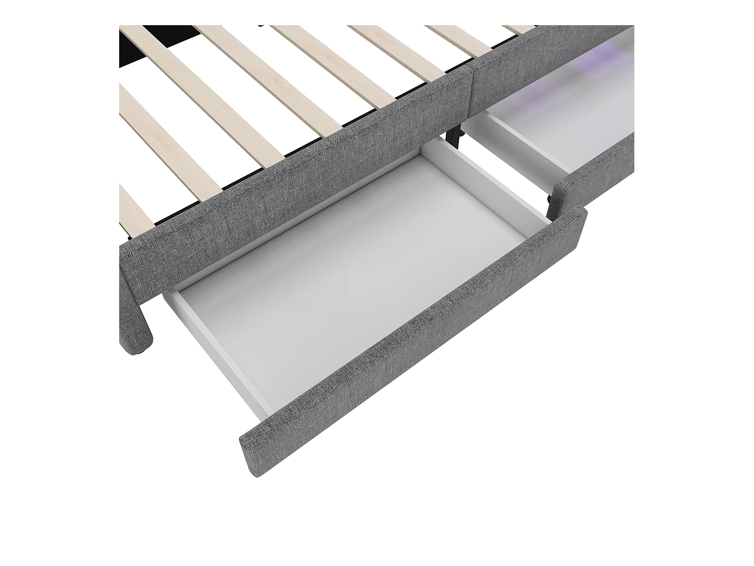 90 x 200 cm Schlafsofa, graues Leinen, Einzelbett, LED-Beleuchtung, 2 Schubladen, USB-Anschluss – Matratze nicht enthalten