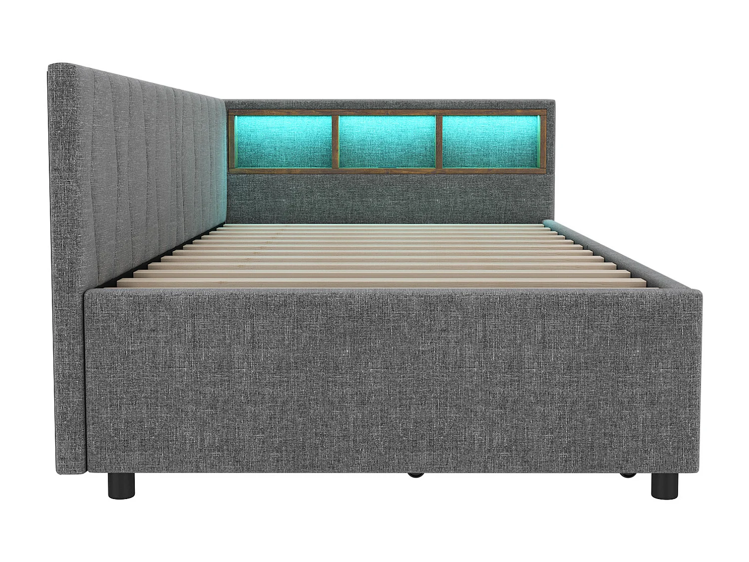 Lit banquette 90x200 cm, lin gris, Lit simple avec LED, 2 tiroirs, ports USB - sans matelas