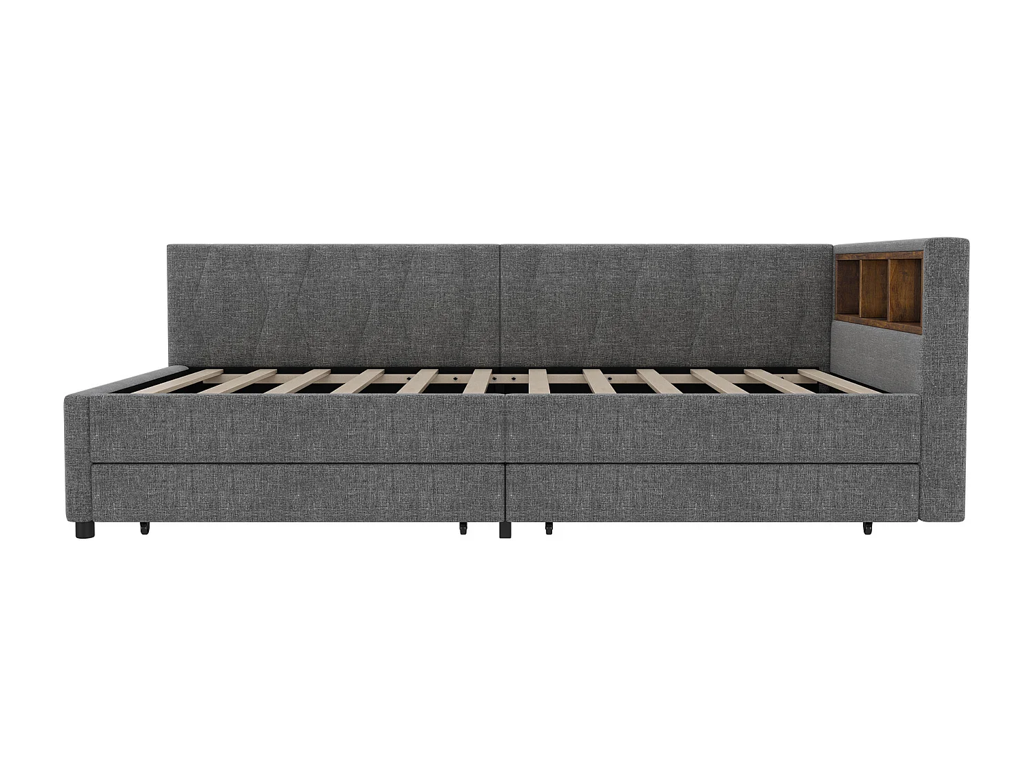 Lit banquette 90x200 cm, lin gris, Lit simple avec LED, 2 tiroirs, ports USB - sans matelas
