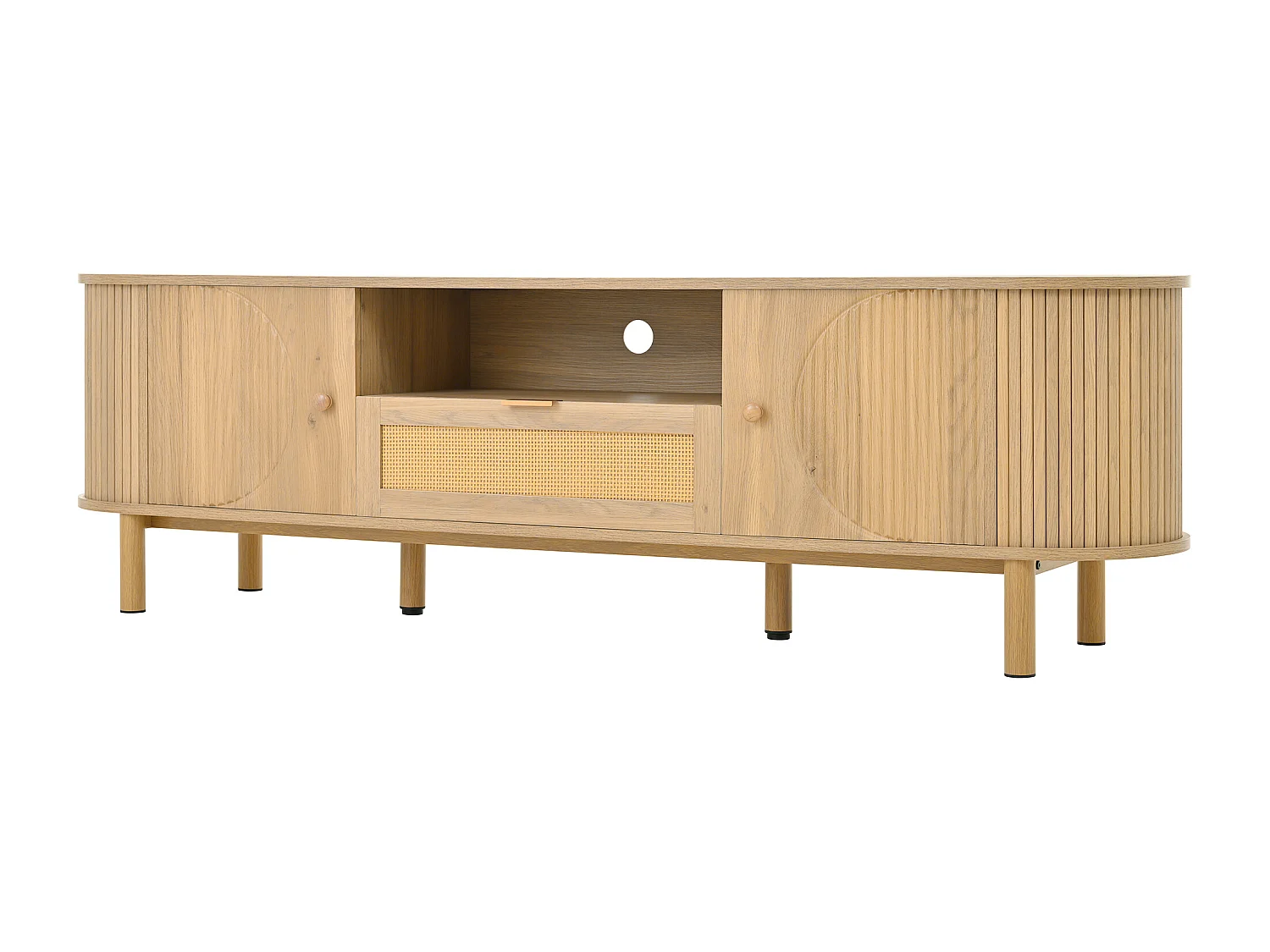 Tv-meubel van natuurlijk hout met 1 rotan lade en 2 deuren, open planken - geschikt voor woonkamer en studeerkamer