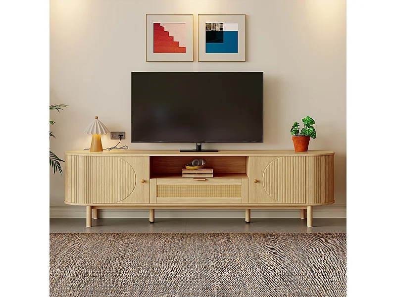 Tv-meubel van natuurlijk hout met 1 rotan lade en 2 deuren, open planken - geschikt voor woonkamer en studeerkamer