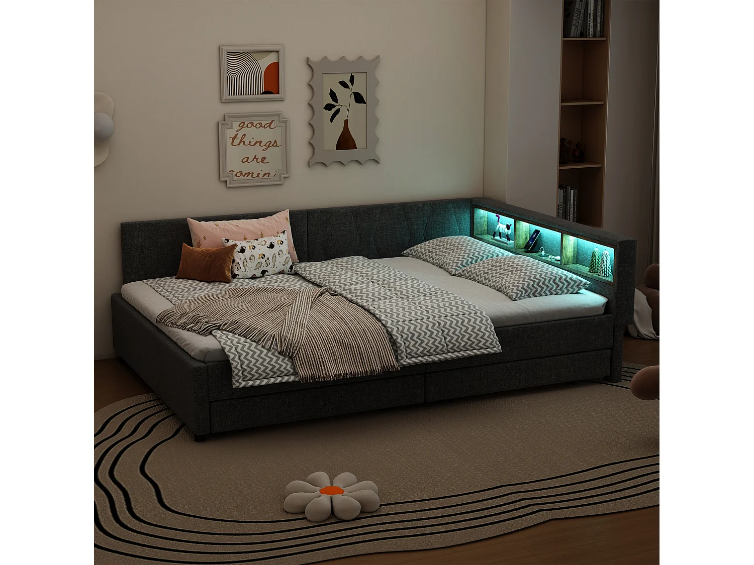 Slaapbank 140x200 cm, grijs linnen, bed voor volwassenen, ledverlichting, 2 lades, USB-aansluiting - matras niet inbegrepen