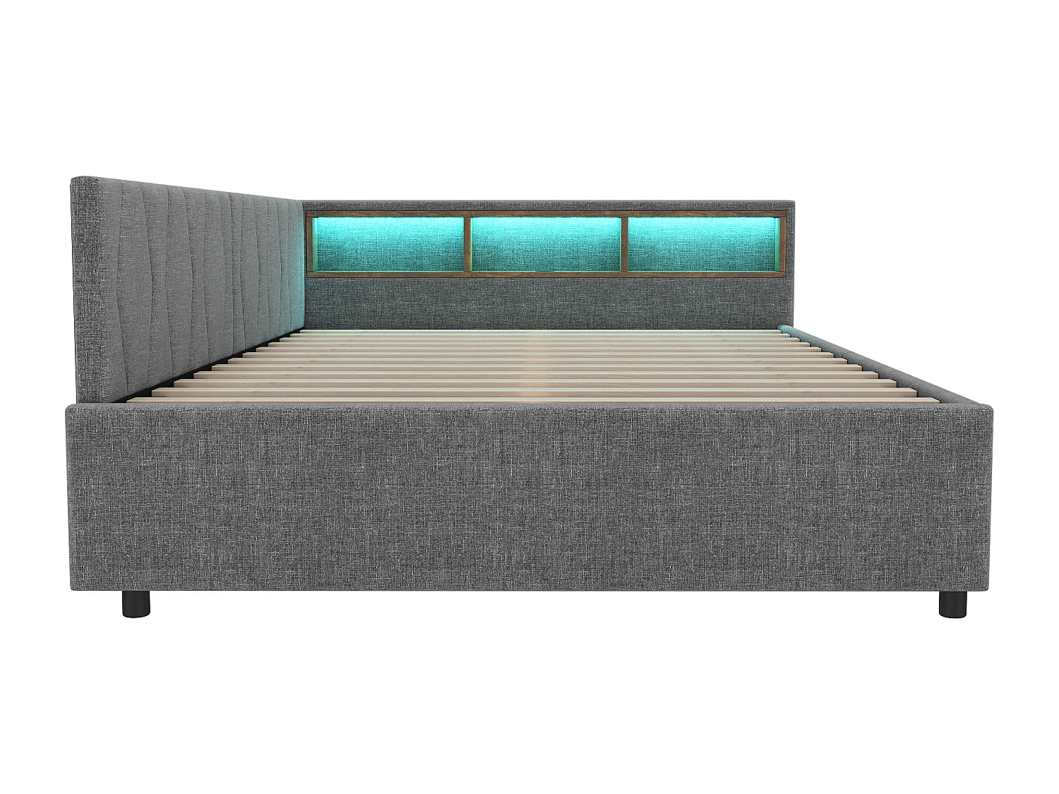 Lit banquette 140x200 cm, lin gris, Lit adulte avec LED, 2 tiroirs, ports USB - sans matelas