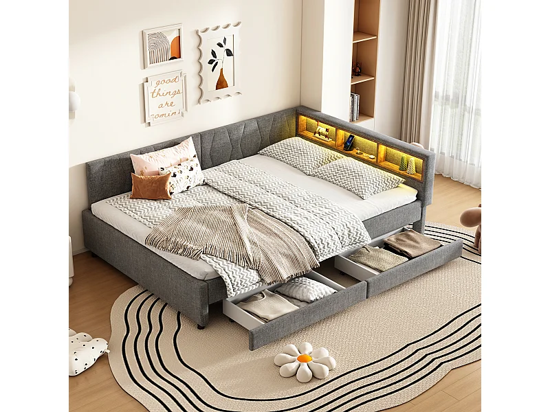 Slaapbank 140x200 cm, grijs linnen, bed voor volwassenen, ledverlichting, 2 lades, USB-aansluiting - matras niet inbegrepen