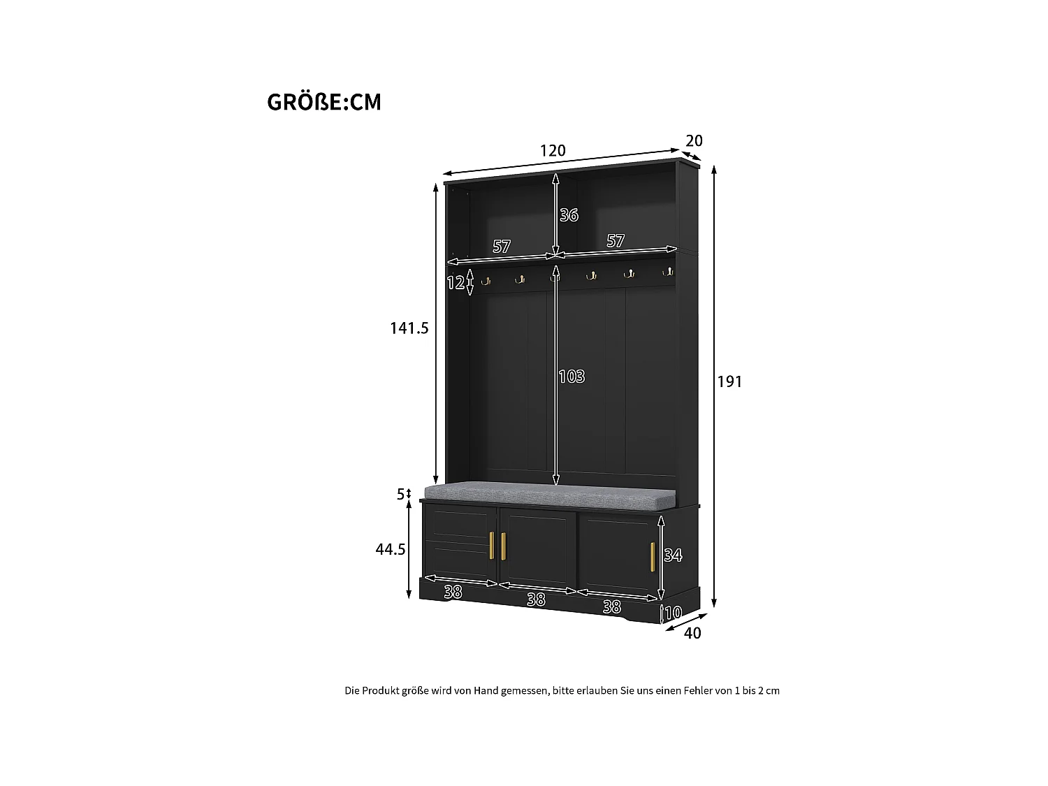 Porte-manteau noir avec banc à chaussures, 6 crochets et espace de rangement - Meuble d’entrée compact