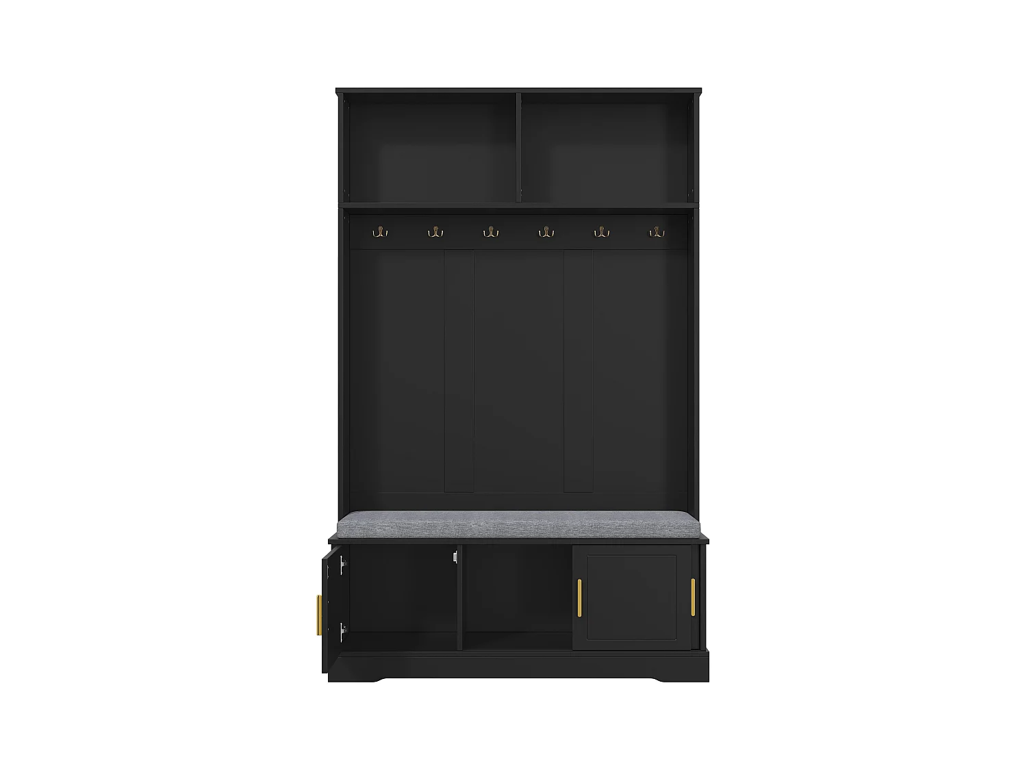 Porte-manteau noir avec banc à chaussures, 6 crochets et espace de rangement - Meuble d’entrée compact