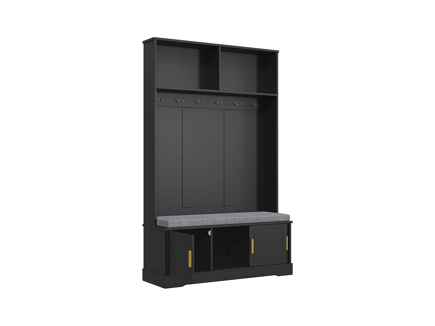 Porte-manteau noir avec banc à chaussures, 6 crochets et espace de rangement - Meuble d’entrée compact