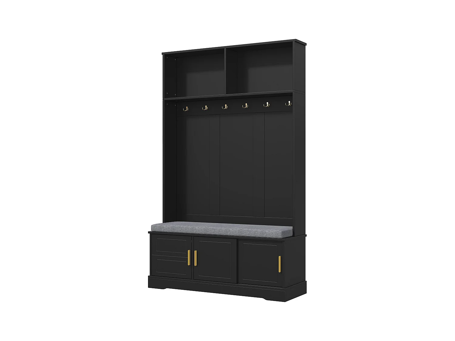 Porte-manteau noir avec banc à chaussures, 6 crochets et espace de rangement - Meuble d’entrée compact