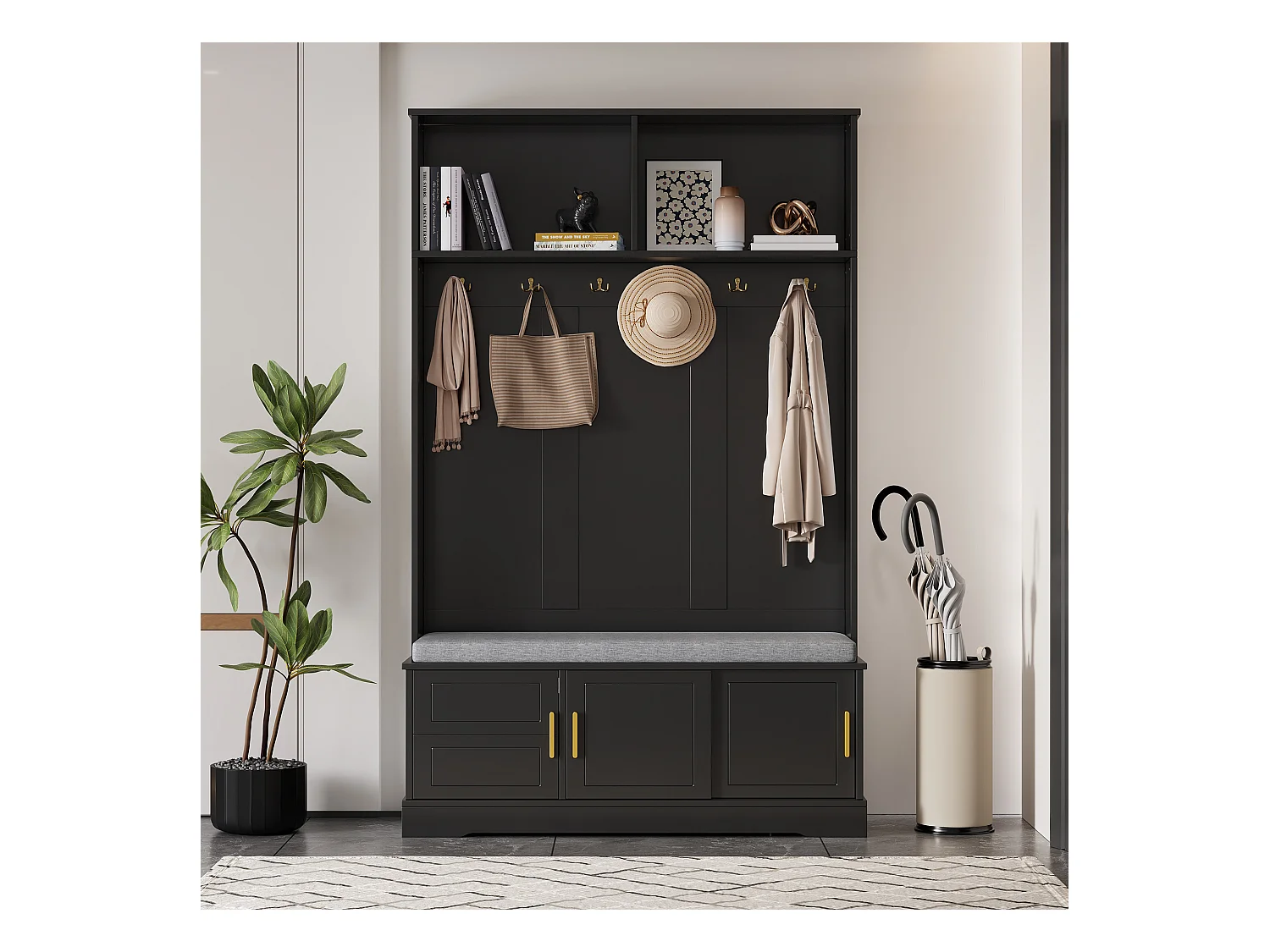 Porte-manteau noir avec banc à chaussures, 6 crochets et espace de rangement - Meuble d’entrée compact