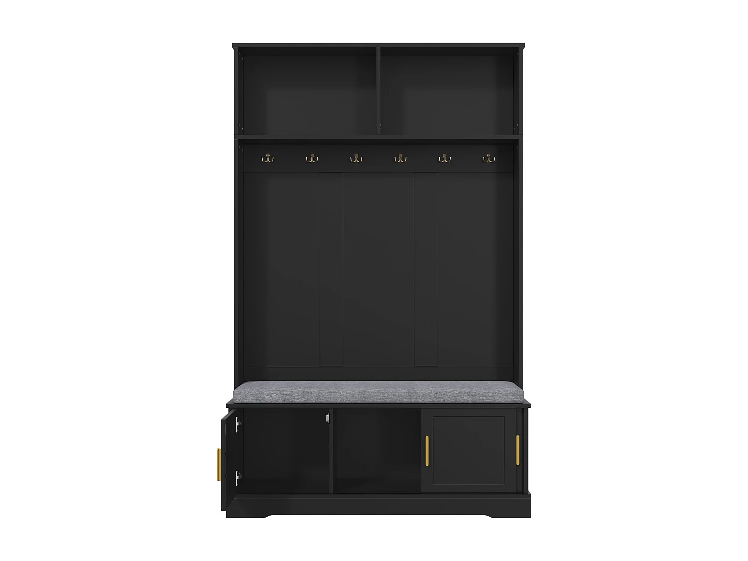 Czarny wieszak z ławką na buty, 6 haczykami i schowkiem - Kompaktowy mebel do przedpokoju