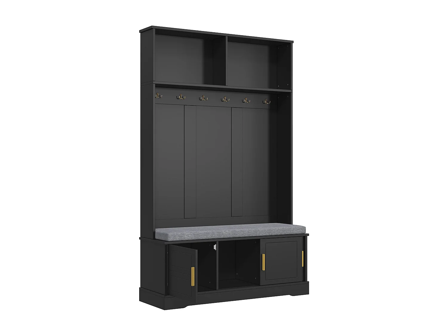 Czarny wieszak z ławką na buty, 6 haczykami i schowkiem - Kompaktowy mebel do przedpokoju