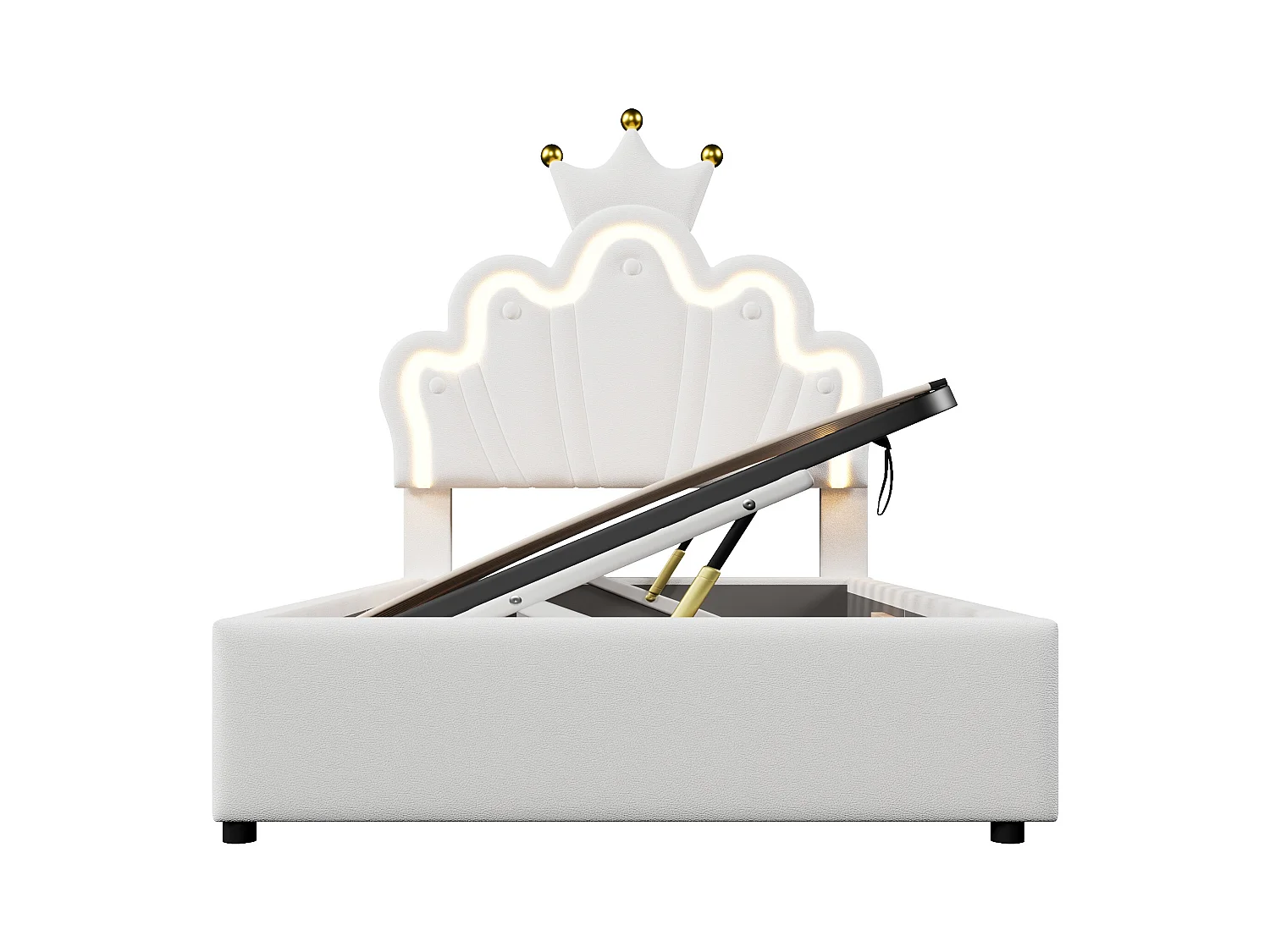 Lit enfant coffre 90x200 cm avec tête de lit réglable et éclairage LED, en similicuir blanc – sans matelas