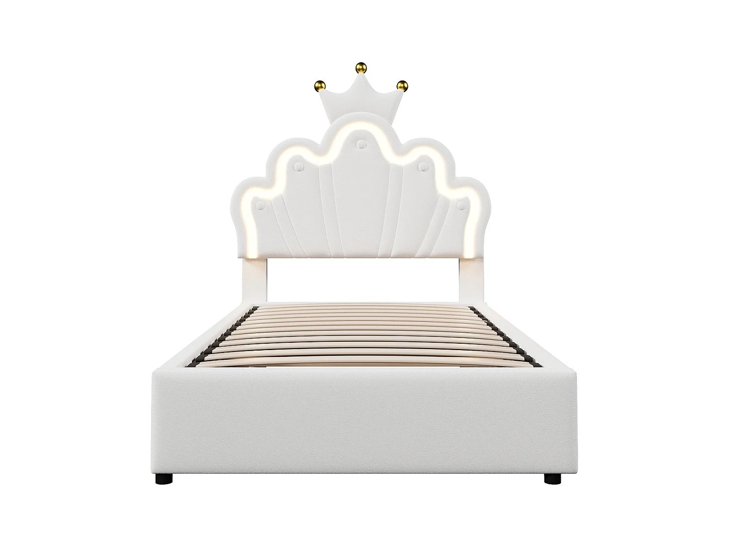 Lit enfant coffre 90x200 cm avec tête de lit réglable et éclairage LED, en similicuir blanc – sans matelas