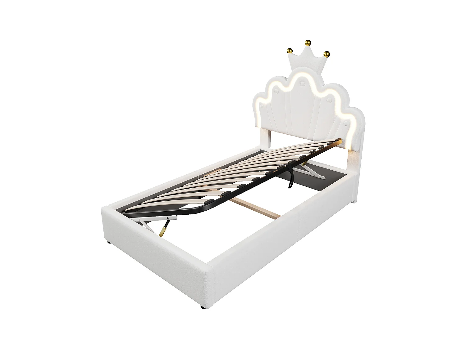 Lit enfant coffre 90x200 cm avec tête de lit réglable et éclairage LED, en similicuir blanc – sans matelas