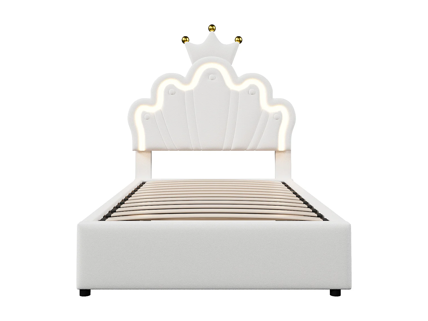 Lit enfant coffre 90x200 cm avec tête de lit réglable et éclairage LED, en similicuir blanc – sans matelas