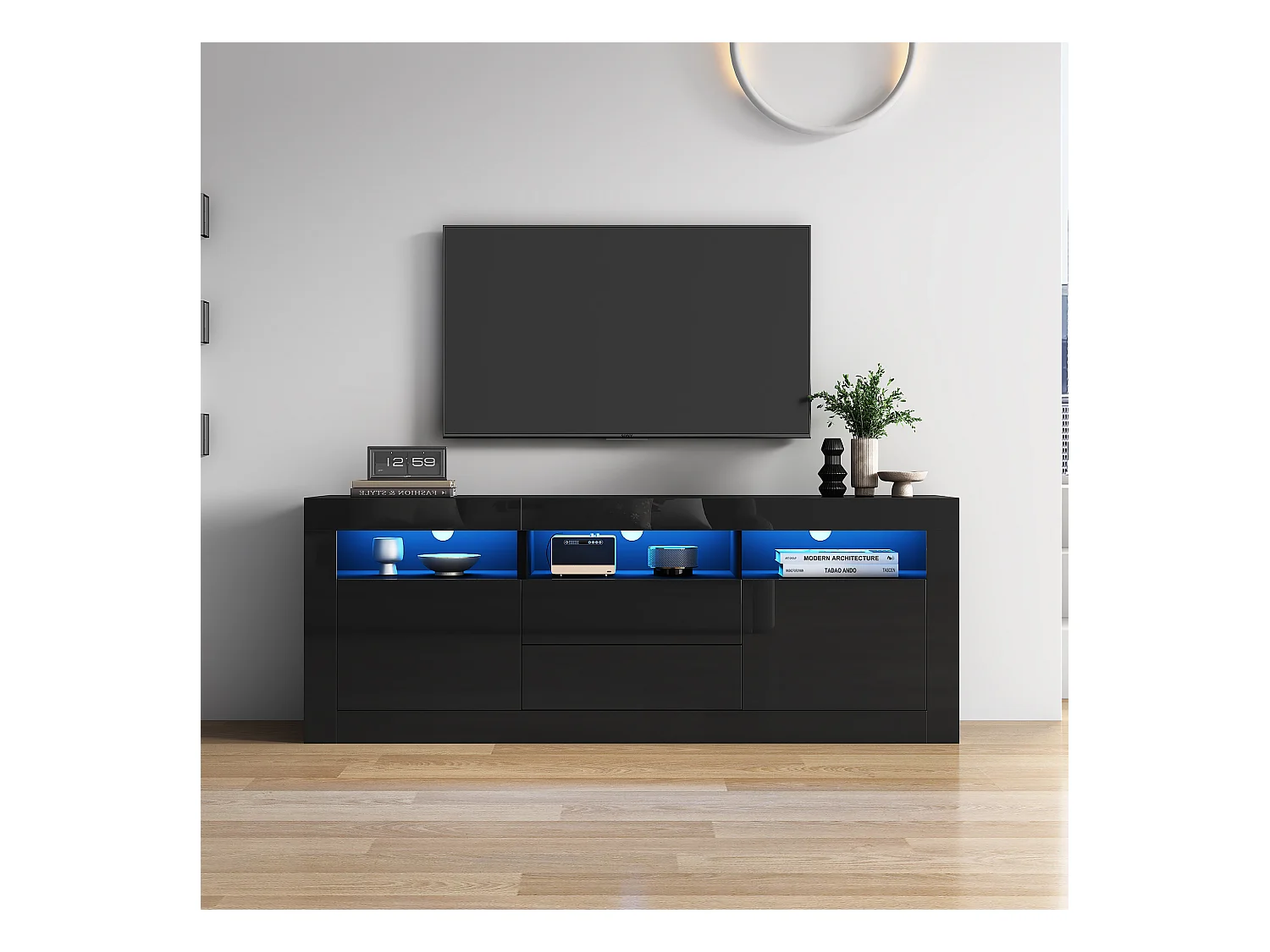Meuble TV LED avec 3 compartiments ouverts, 2 portes et 2 tiroirs, noir - pour salon et bureaux