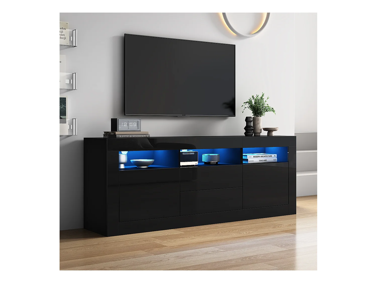 Meuble TV LED avec 3 compartiments ouverts, 2 portes et 2 tiroirs, noir - pour salon et bureaux