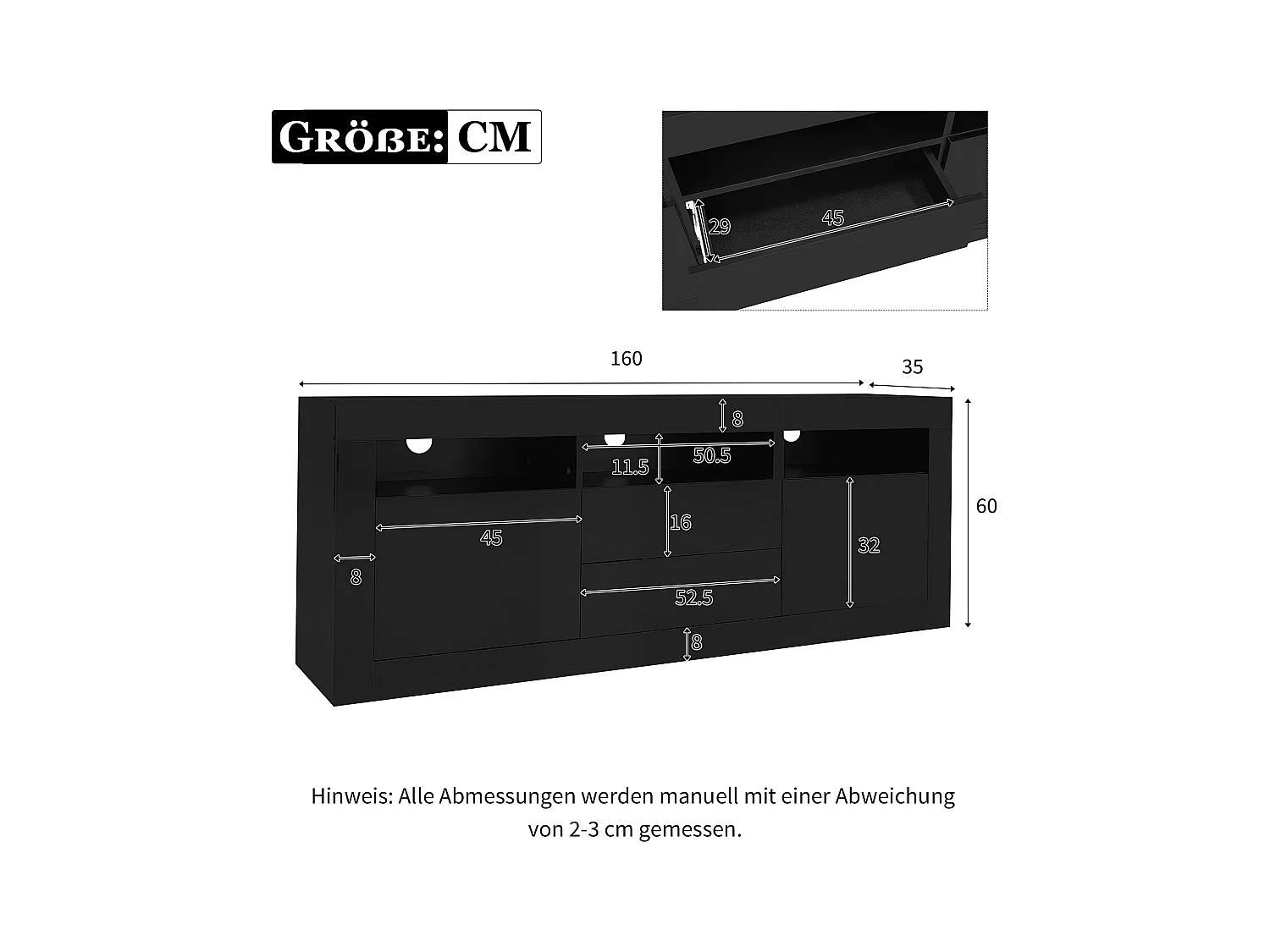 Meuble TV LED avec 3 compartiments ouverts, 2 portes et 2 tiroirs, noir - pour salon et bureaux