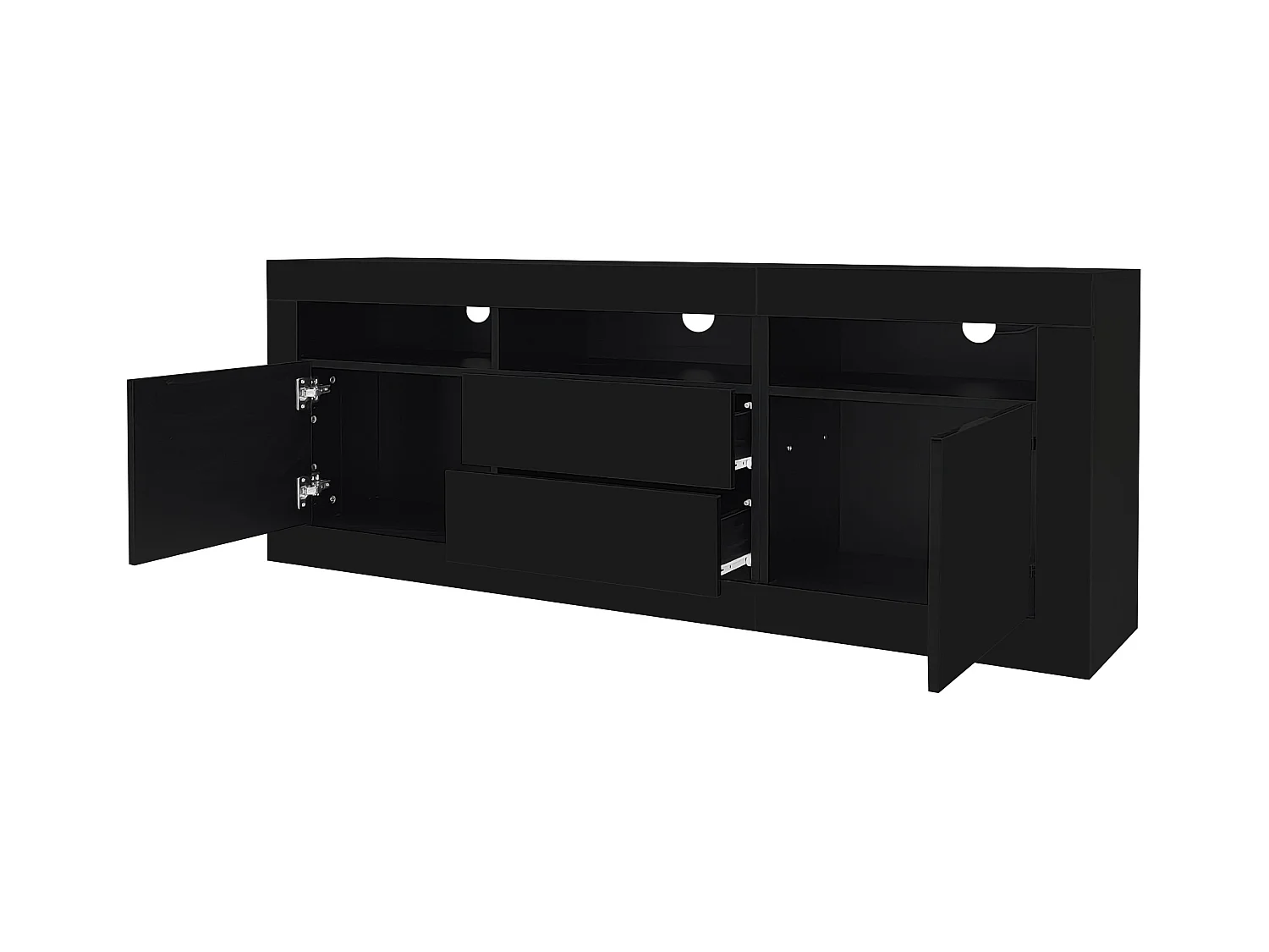 Meuble TV LED avec 3 compartiments ouverts, 2 portes et 2 tiroirs, noir - pour salon et bureaux