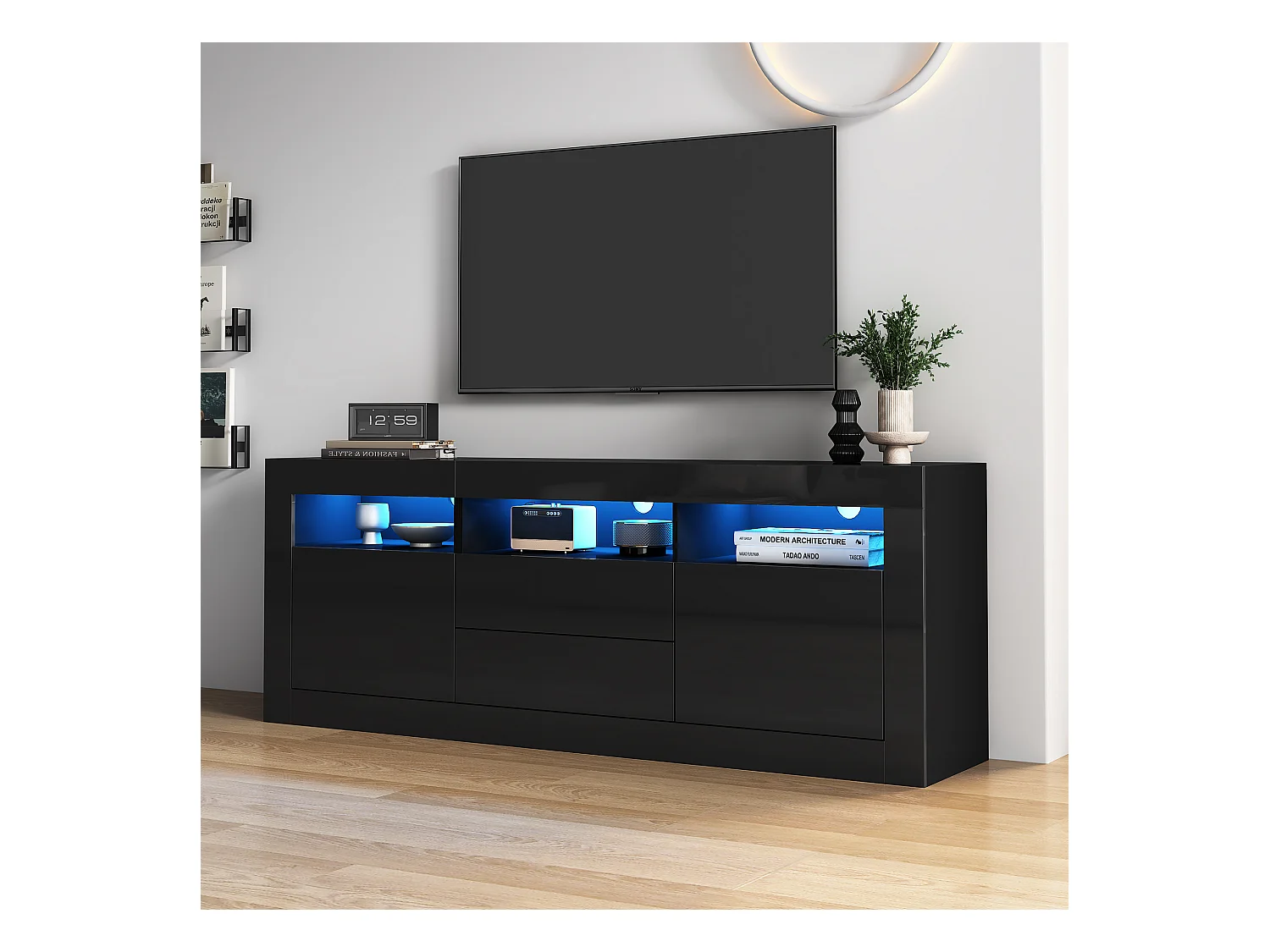 Meuble TV LED avec 3 compartiments ouverts, 2 portes et 2 tiroirs, noir - pour salon et bureaux
