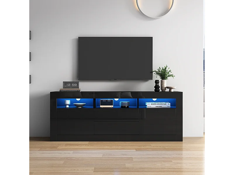 LED tv-meubel met 3 open vakken, 2 deuren en 2 lades, zwart - geschikt voor woonkamer en studeerkamer