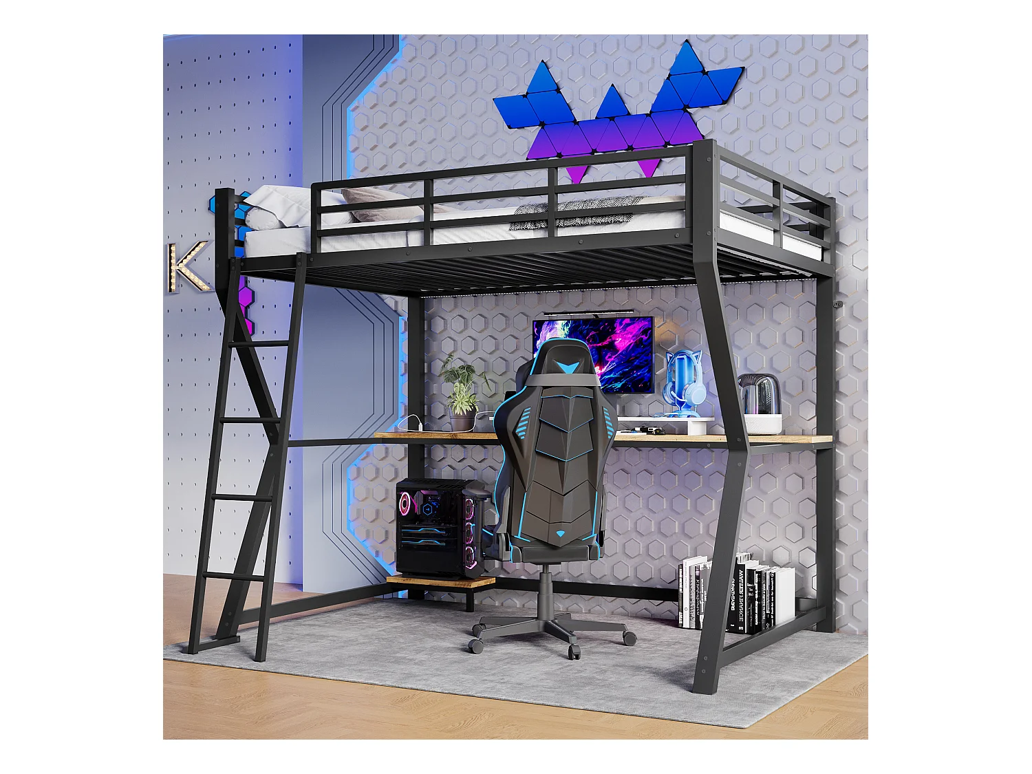 Lit mezzanine 90x200 cm, noir, lit ado avec éclairage LED et USB, bureau - sans matelas
