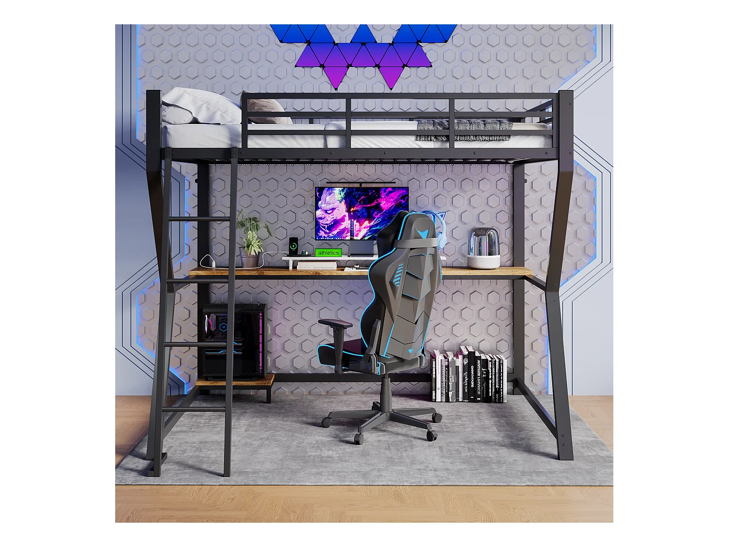 Lit mezzanine 90x200 cm, noir, lit ado avec éclairage LED et USB, bureau - sans matelas