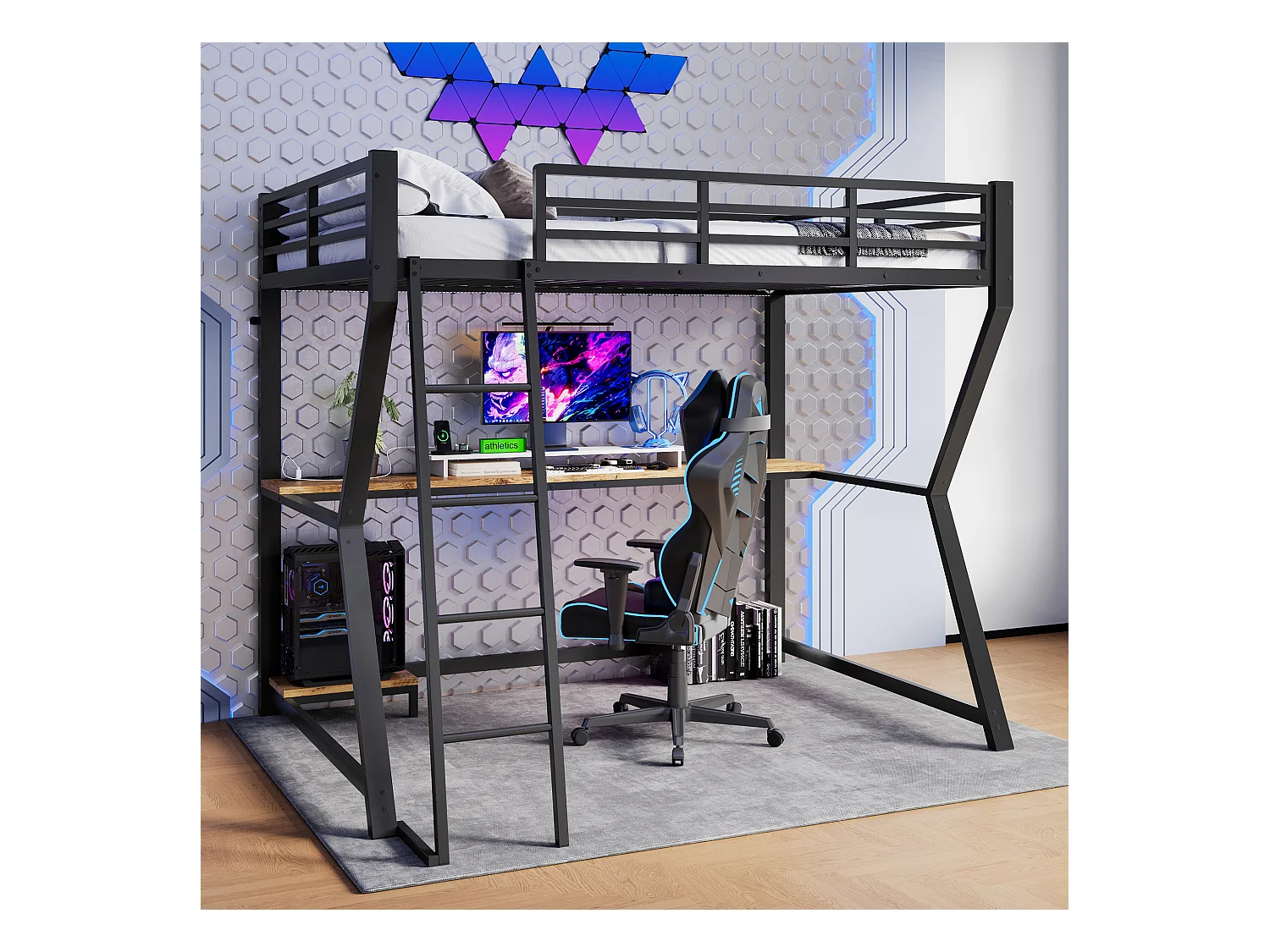 Lit mezzanine 90x200 cm, noir, lit ado avec éclairage LED et USB, bureau - sans matelas