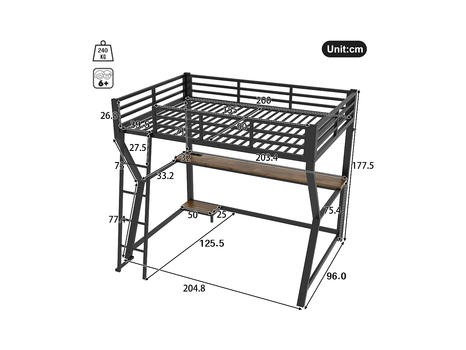 Lit mezzanine 90x200 cm, noir, lit ado avec éclairage LED et USB, bureau - sans matelas