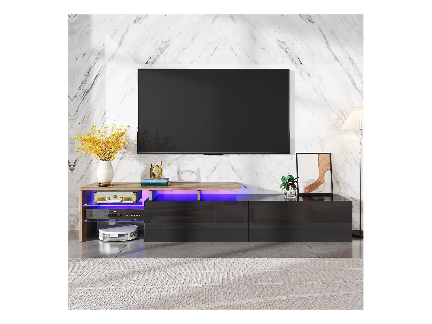Meuble TV de salon, finition noir brillant et bois, avec étagères en verre et 2 tiroirs - éclairage LED