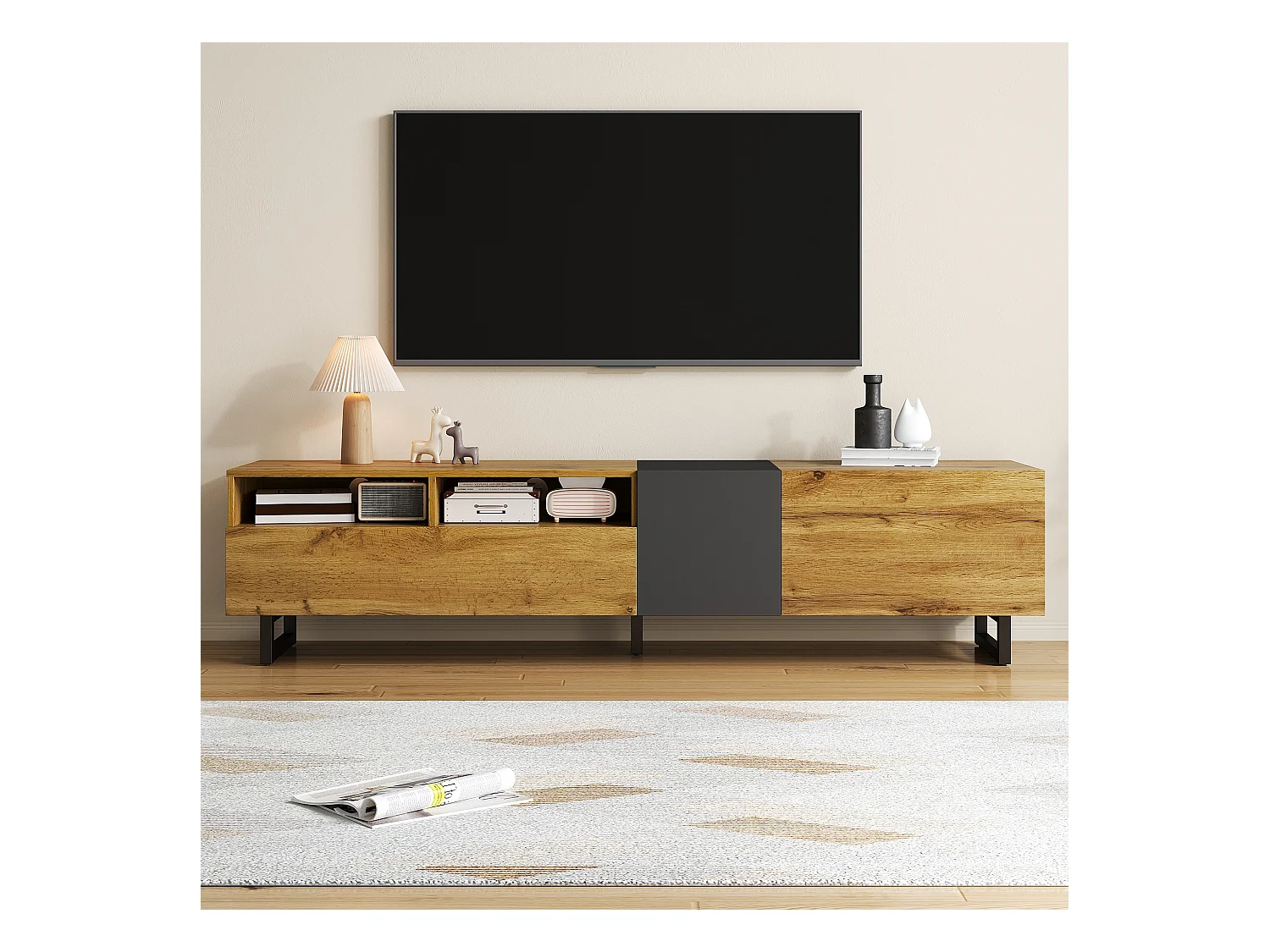 Meuble TV 170 cm avec 3 portes et 2 compartiments de rangement, pieds en métal - couleur du bois et gris