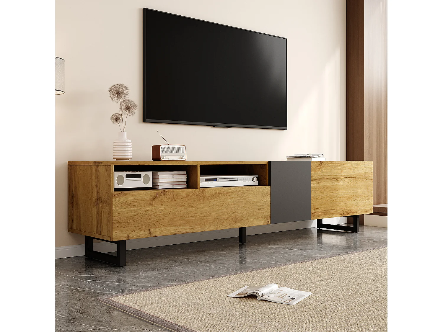 Meuble TV 170 cm avec 3 portes et 2 compartiments de rangement, pieds en métal - couleur du bois et gris