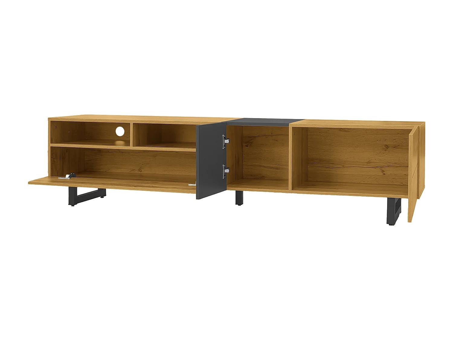 Meuble TV 170 cm avec 3 portes et 2 compartiments de rangement, pieds en métal - couleur du bois et gris
