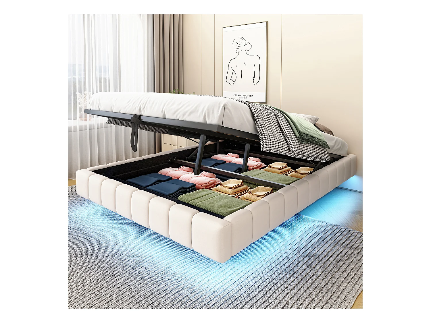 Lit coffre 140x200 cm, lin beige, lit adulte avec éclairage LED - sans matelas (sans tête de lit)