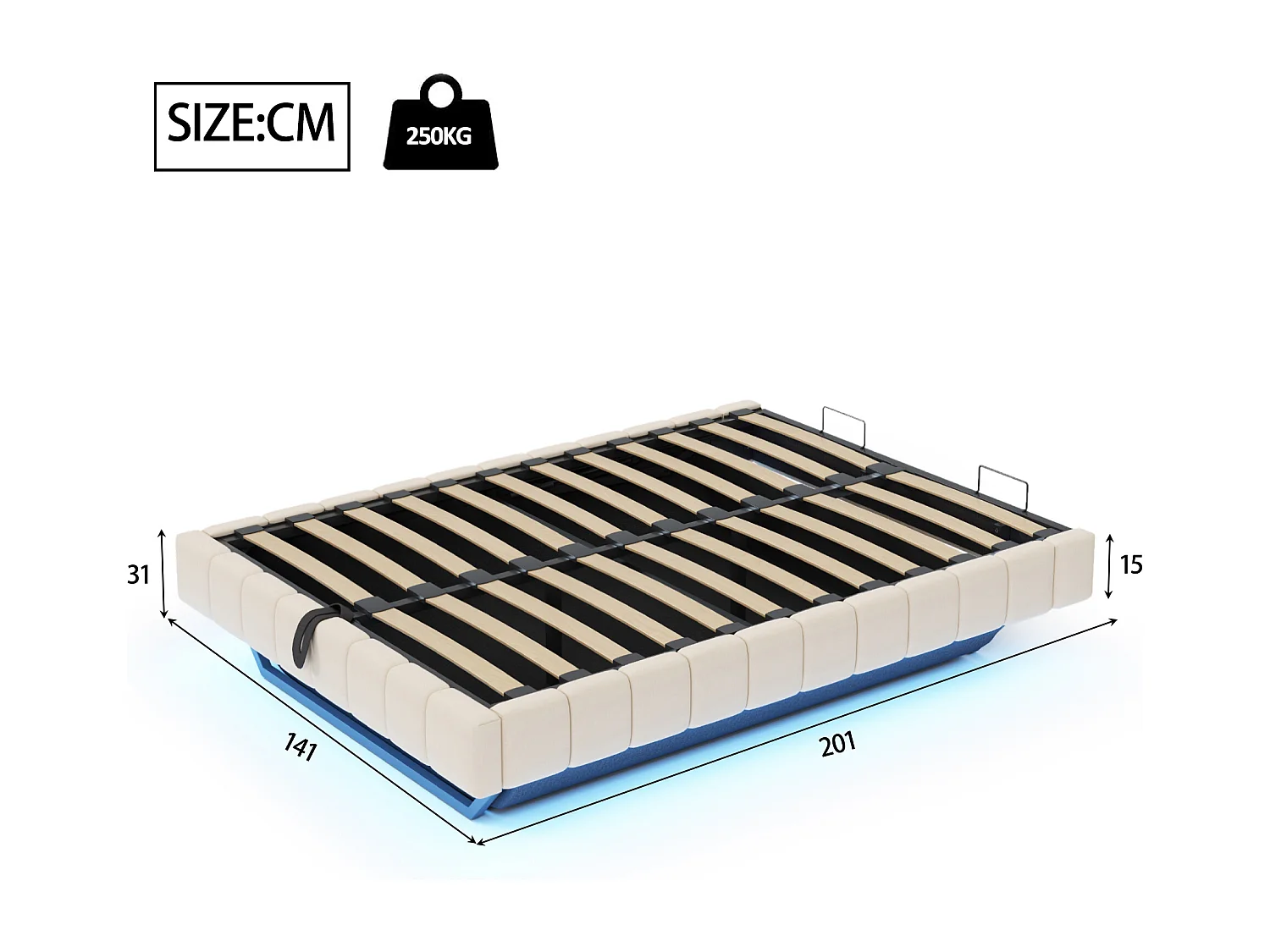 Lit coffre 140x200 cm, lin beige, lit adulte avec éclairage LED - sans matelas (sans tête de lit)