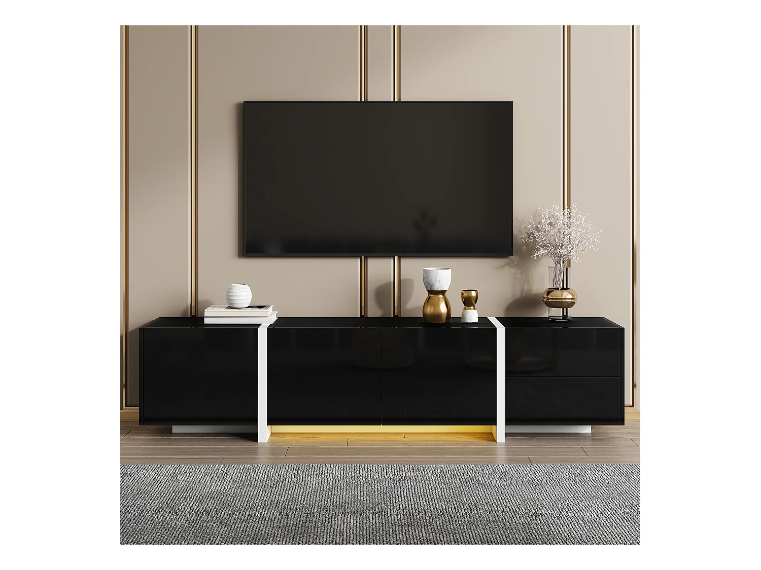 Meuble TV noir avec 4 portes et 1 tiroir de rangement, éclairage LED - pieds blancs